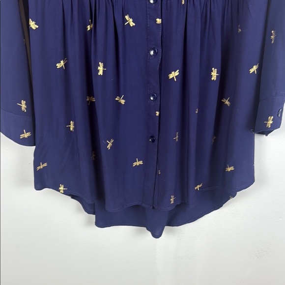 Luna Moon Dragonfly Embroidered Blue Button Down Tunic Size Large - Picture 9 of 12